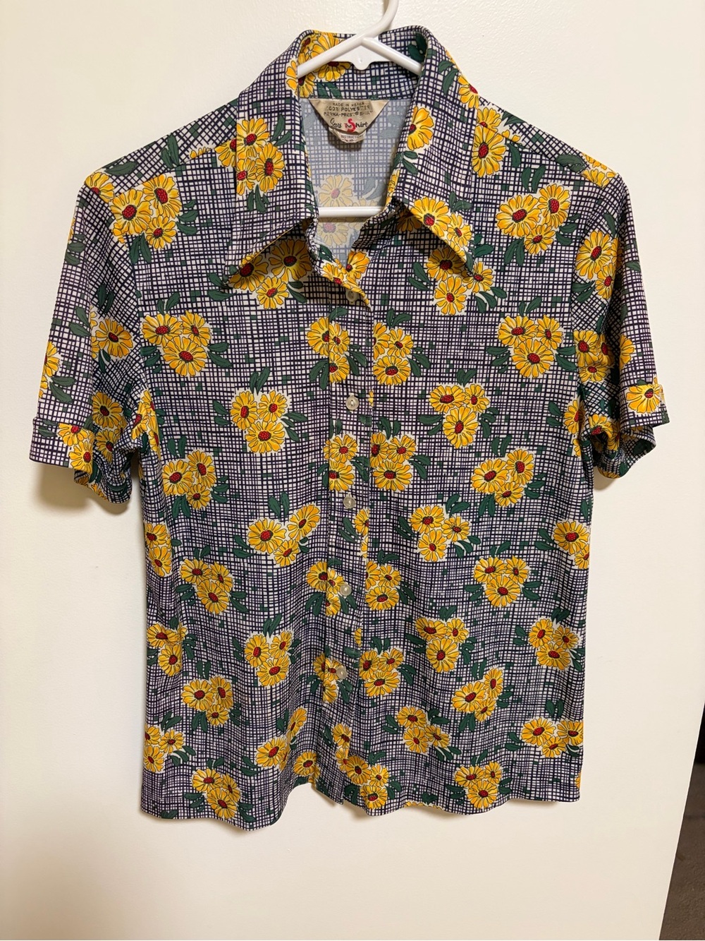 Sears Yellow Floral Short-Sleeve Button-Up Top with Green Accents